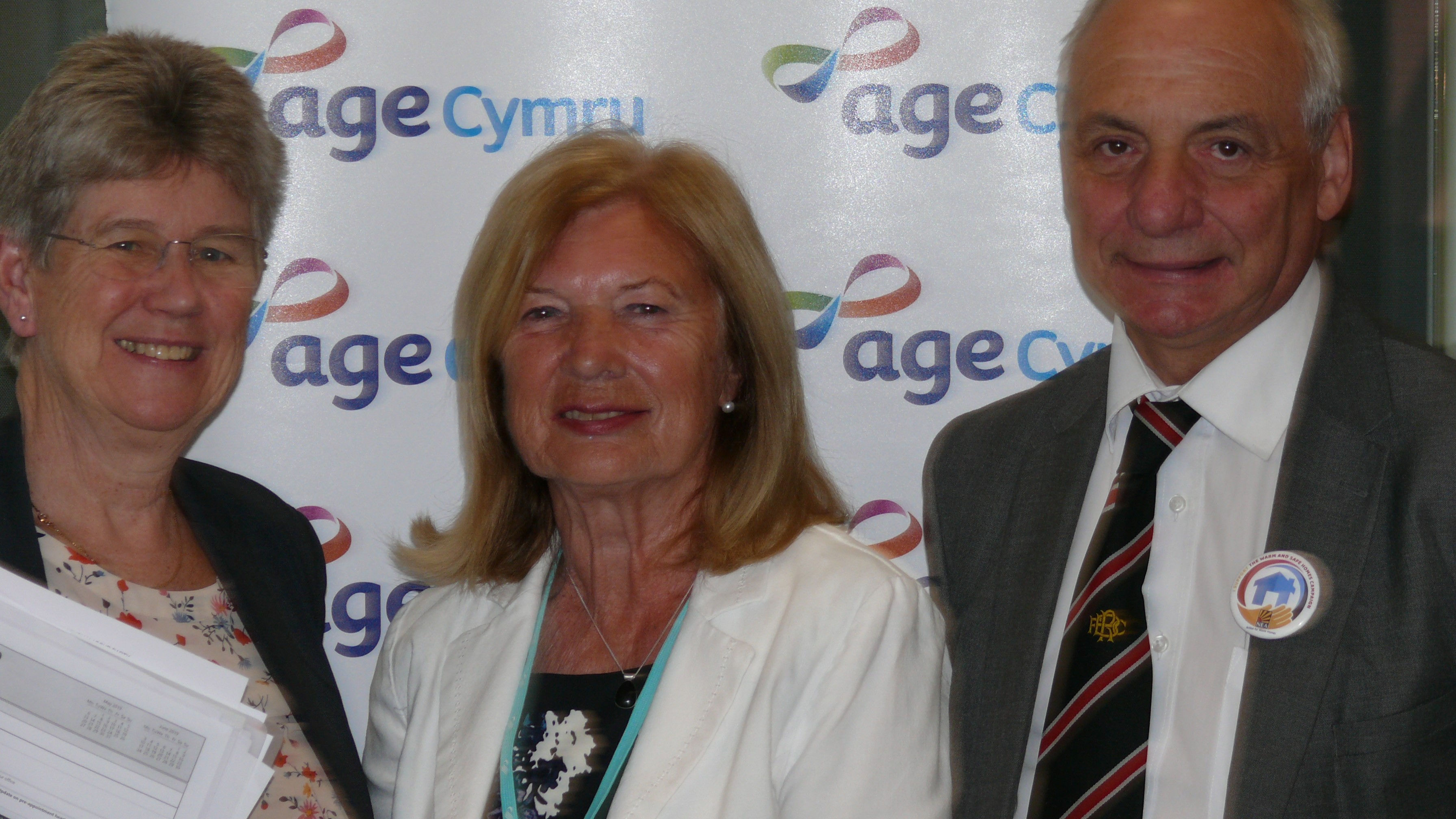 Deputy Minister and Chief Whip Jane Hutt AM, Dr Bernadette Fuge OBE President of Age Cymru, and Mike Hedges AM Chair of the Cross Party Group on Older People and Ageing