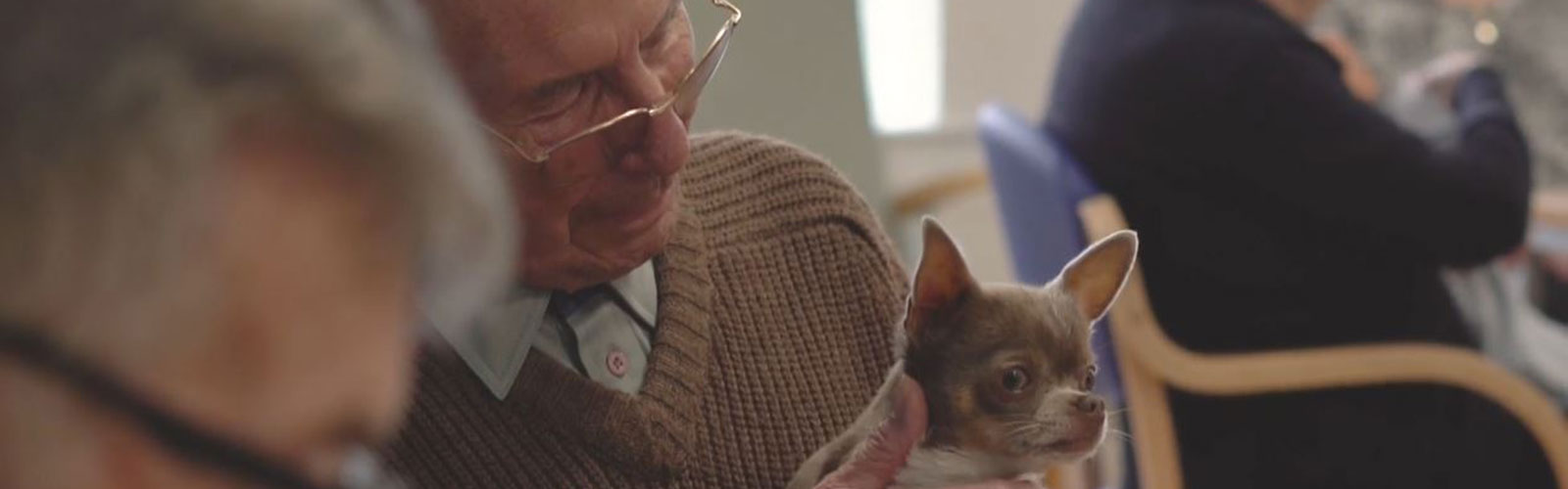 An older man with glasses holding a small dog