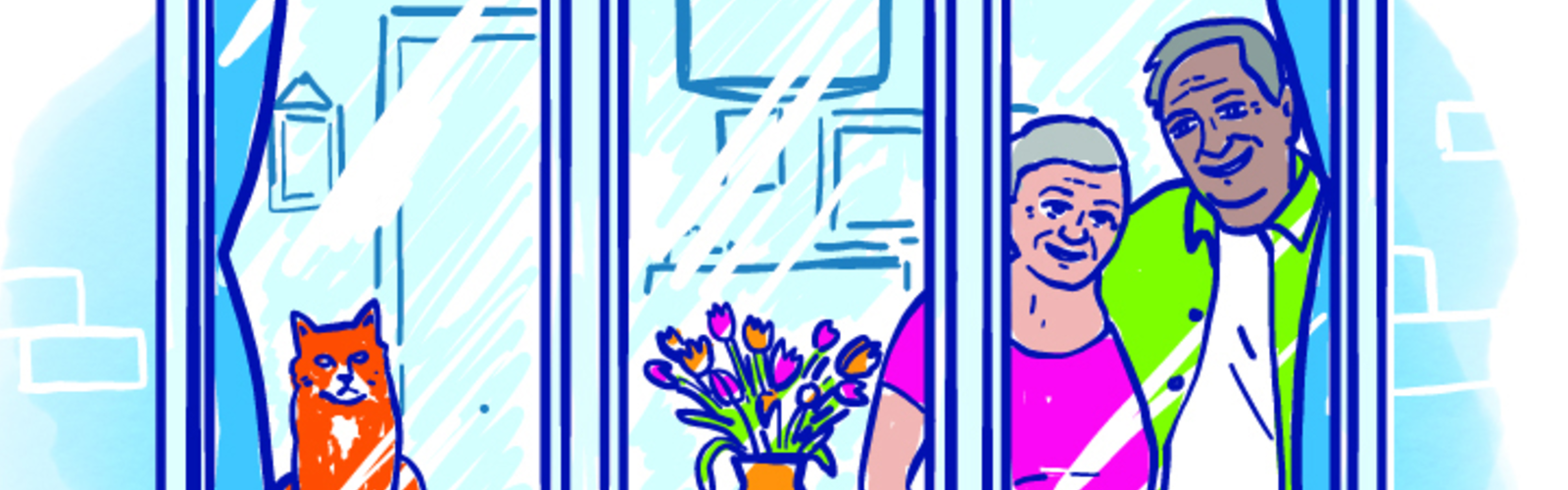 An illustration of an older couple looking through a window
