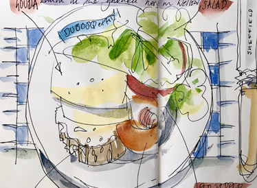 A sketch done by an older artist, showing a plate of food, including cheese and salad