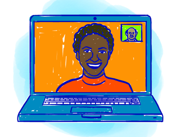 An illustration of a laptop featuring a video call between two people