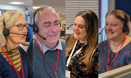A collage of four members of the Age UK Advice Line team smile with headsets on, taking calls
